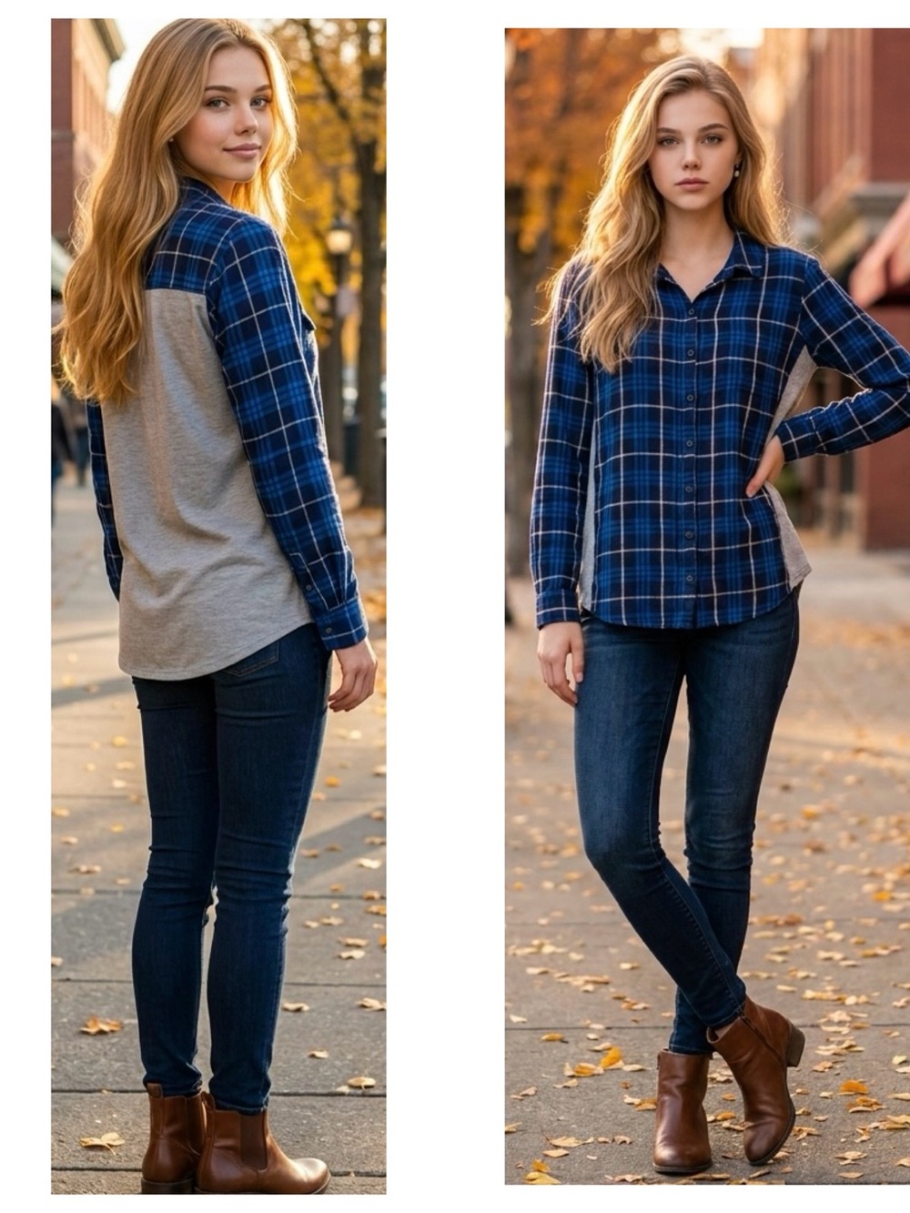 G.H Bass Women’s Sz L Plaid Button-Up Collared Shirt Gray Back Panel dark Blue